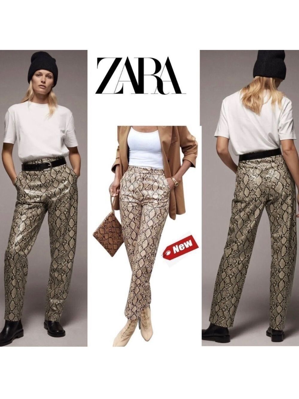 Zara Snake Print Faux Leather Pants Sand Brown High Waist Sz S